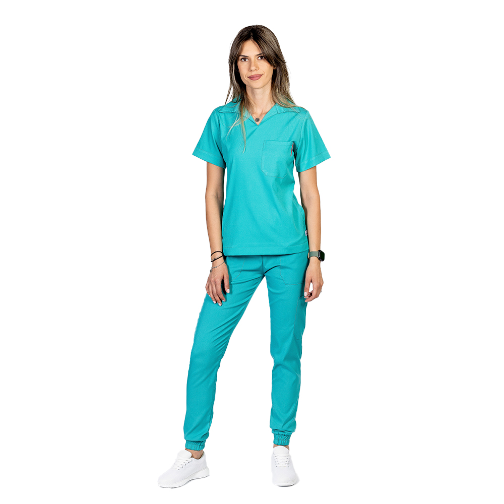Costum medical stretch polo verde turcoaz, cu bluza in V si pantaloni tip jogger, cu snur si elastic 2